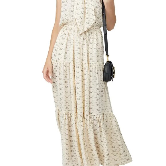 Polo Ralph Lauren Cream Horse Print Silk Tie-Neck Maxi small  dress SP S - Picture 3 of 5